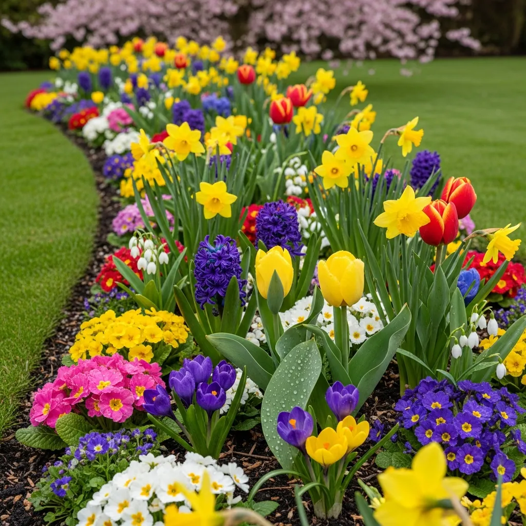 Spring flowerbed collection with vibrant seasonal blooms